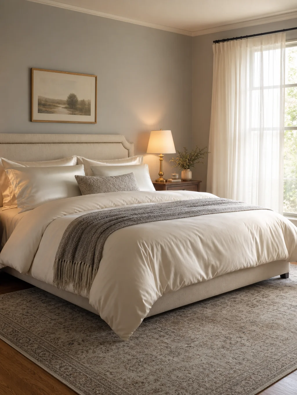 Peaceful bedroom with layered textured linens and warm timber headboard