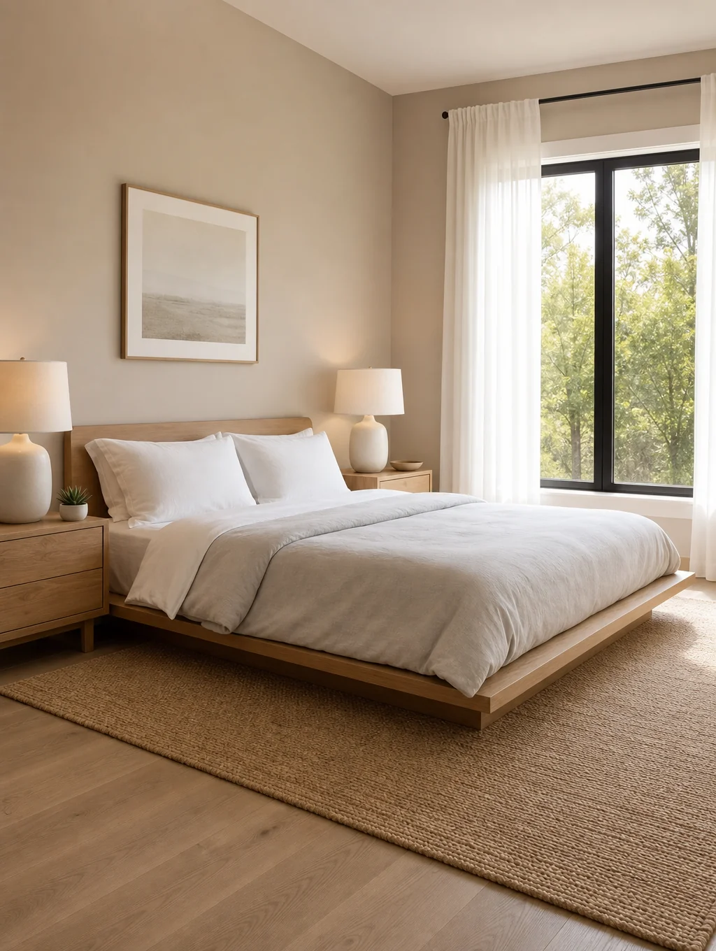 Calming bedroom with unbleached linen duvet and soft morning light