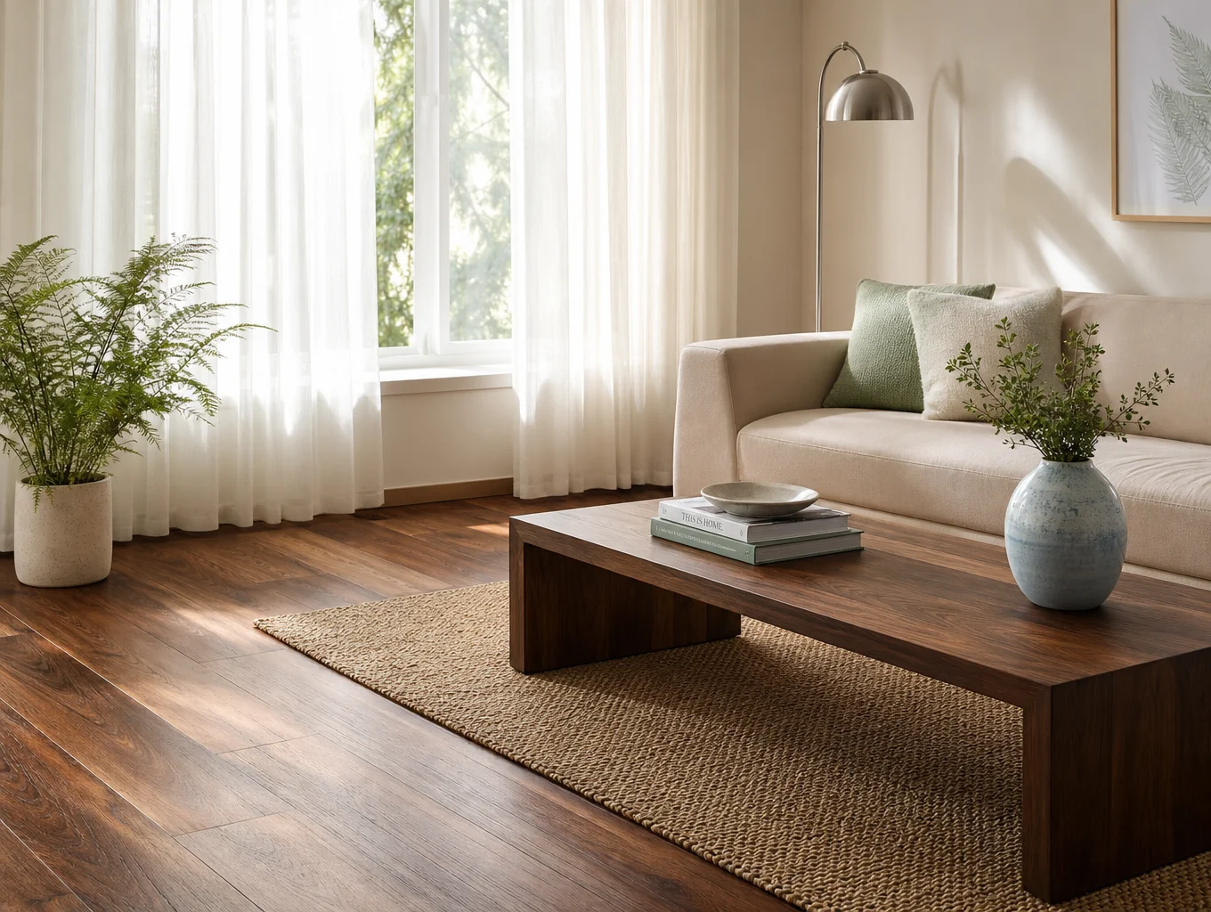 Warm sunlit living room with natural wood and linen accents