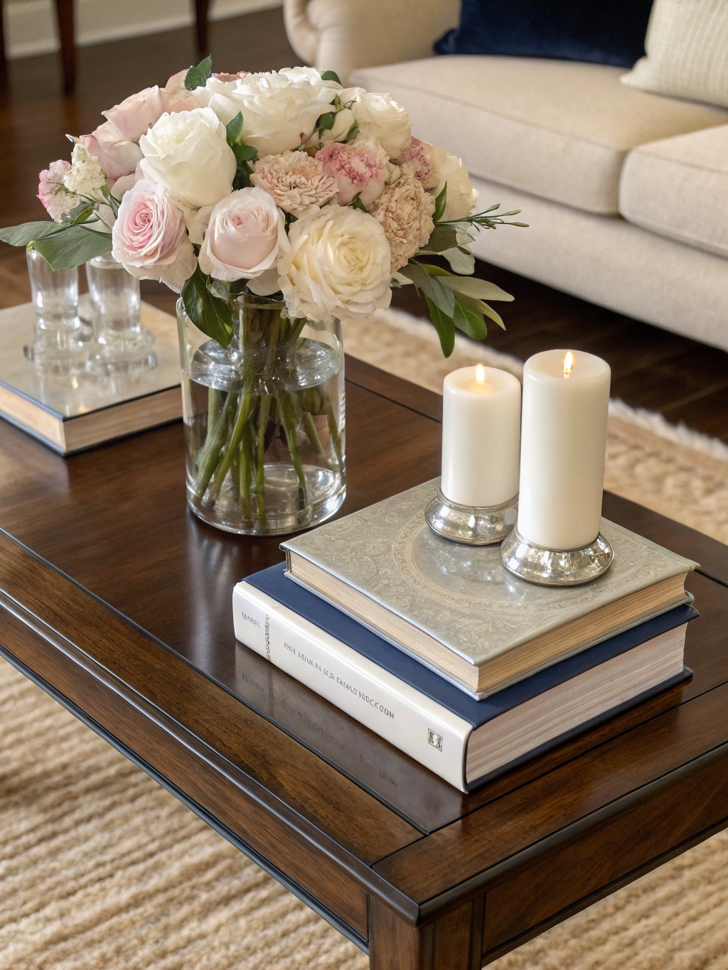 Thoughtfully styled vignette of ceramics, books, and dried botanicals