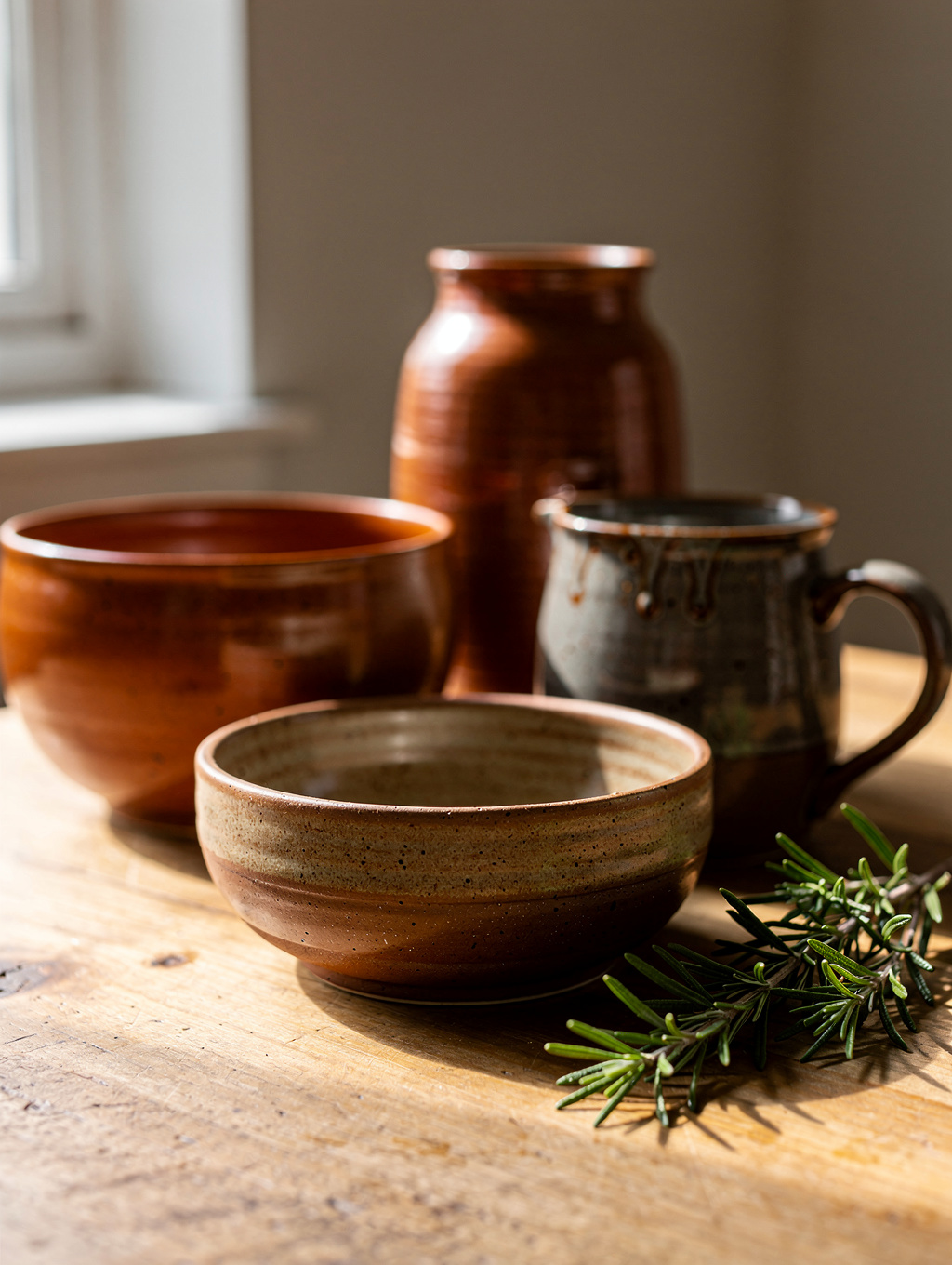 Styled ceramic vases and textured tabletop decor in natural light