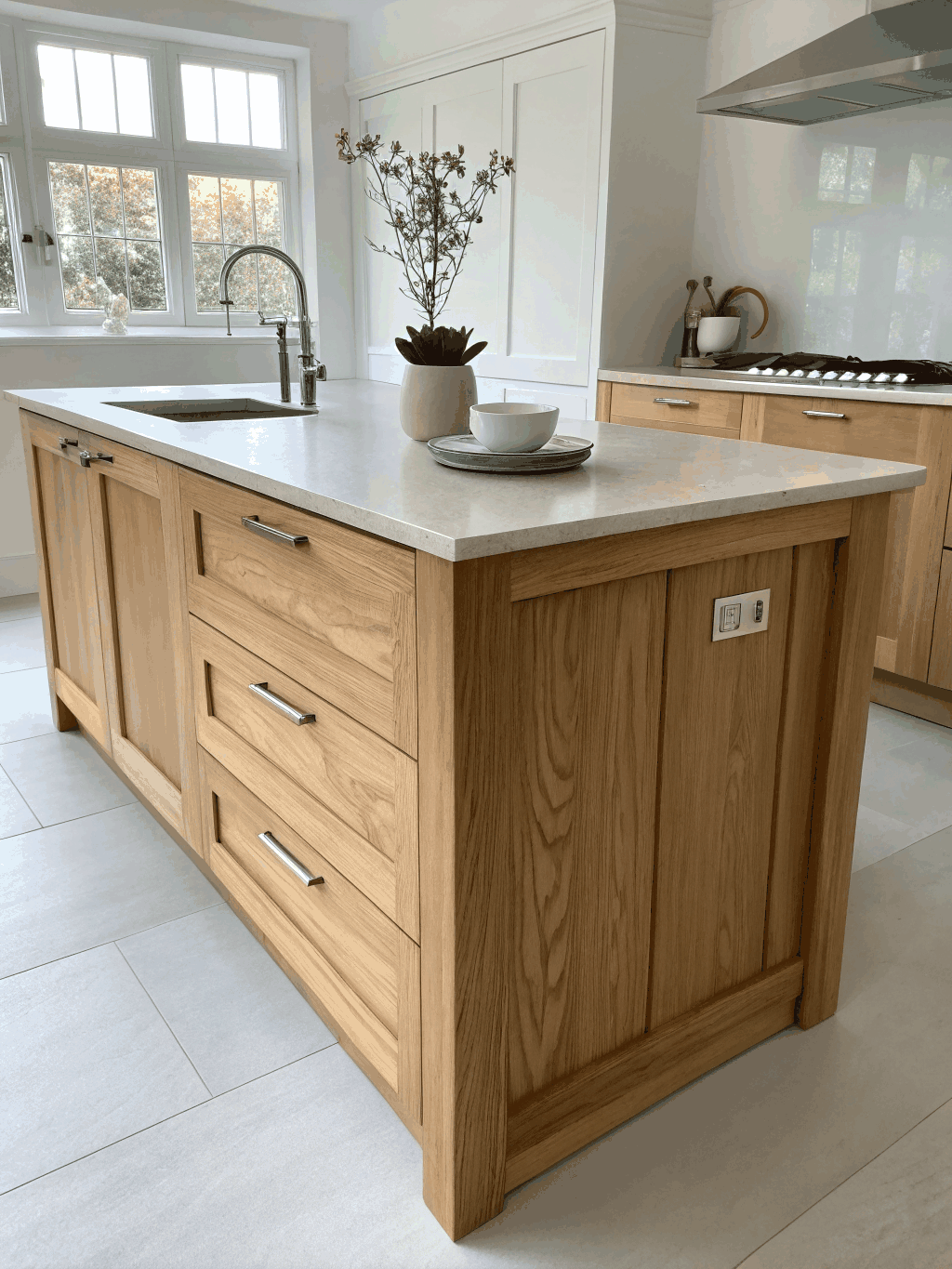 Clean, inviting kitchen with ceramic tableware and natural sunlight