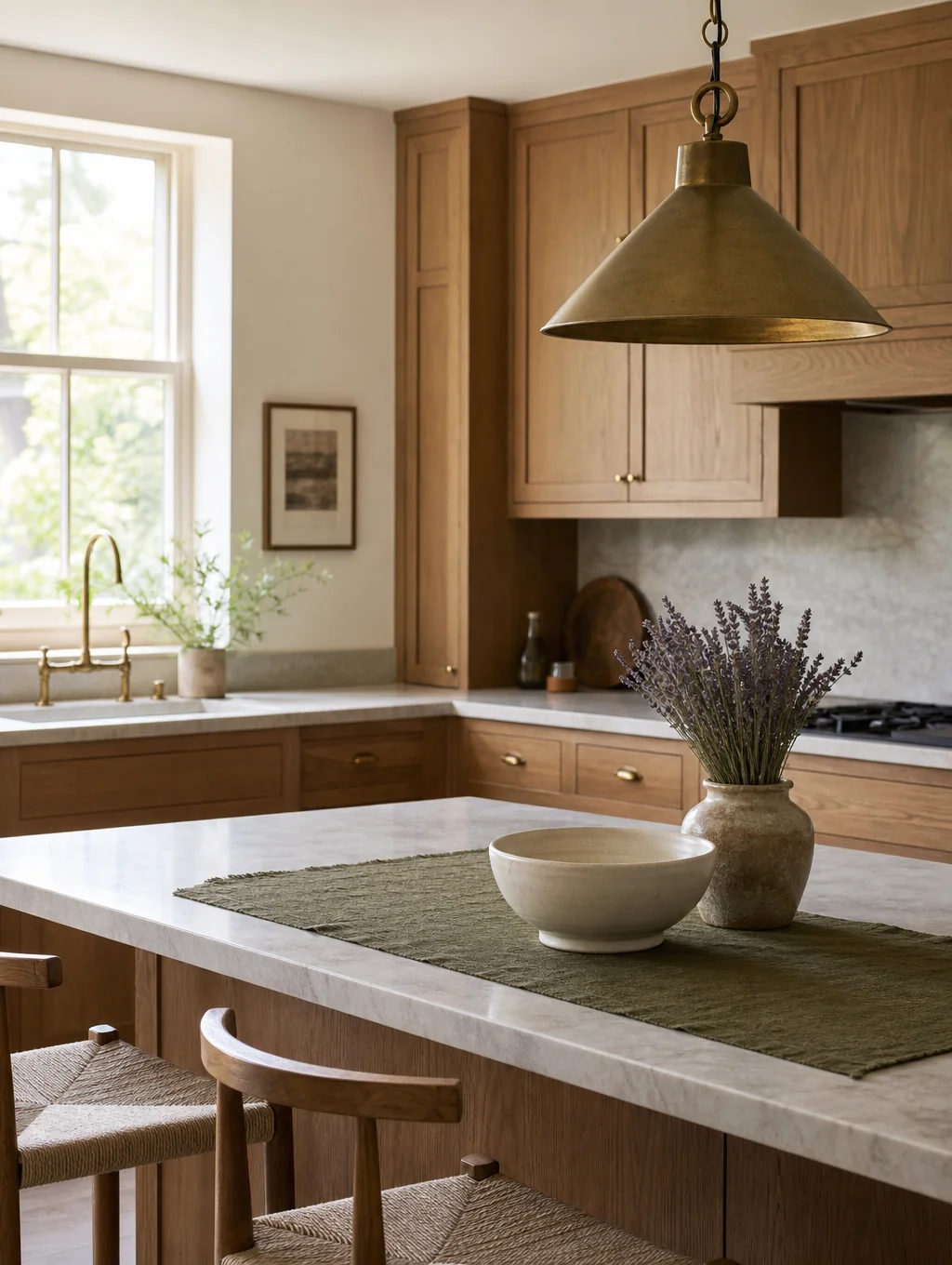 Warm minimalist kitchen with ceramic bowls and open wood shelves