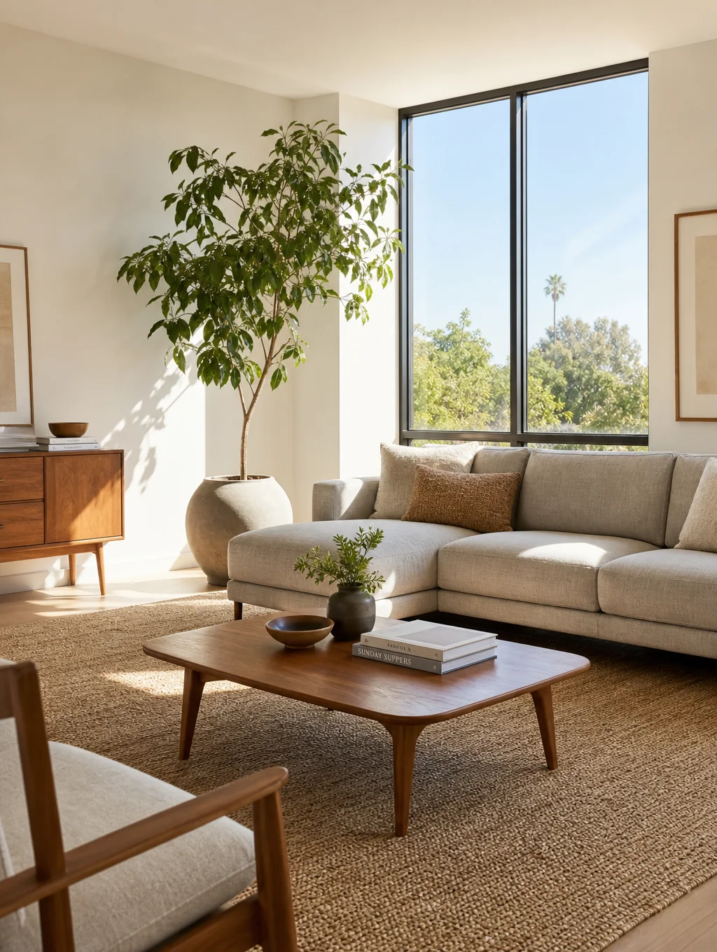 Sunlit open living room with linen sofa and oak coffee table