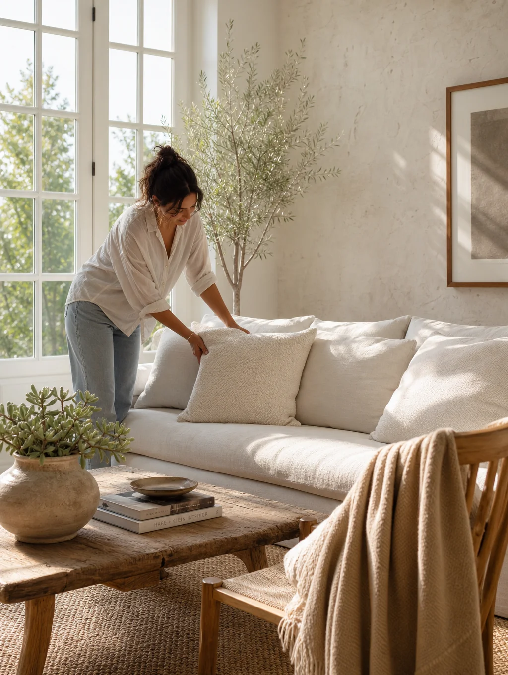 Sunlit living room with natural linen sofa and oak coffee table