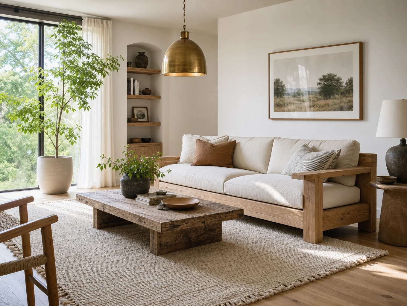 Sunlit living room with natural oak furniture, cream linen sofa, and leafy potted plants