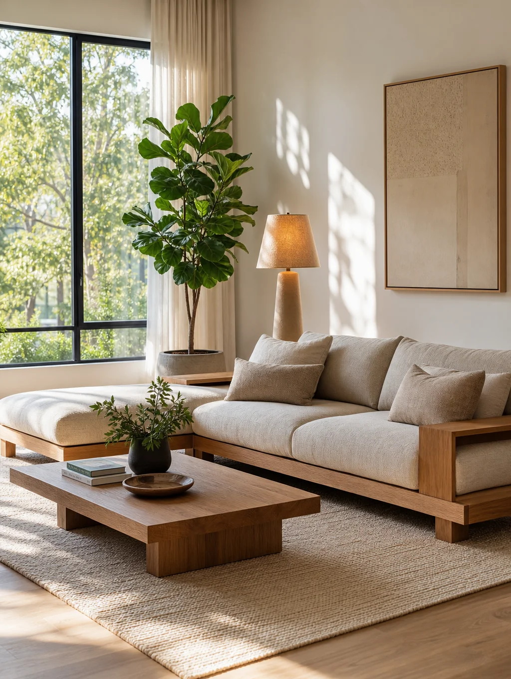 Sun-drenched living room with natural oak table, linen curtains, and ceramic vessels
