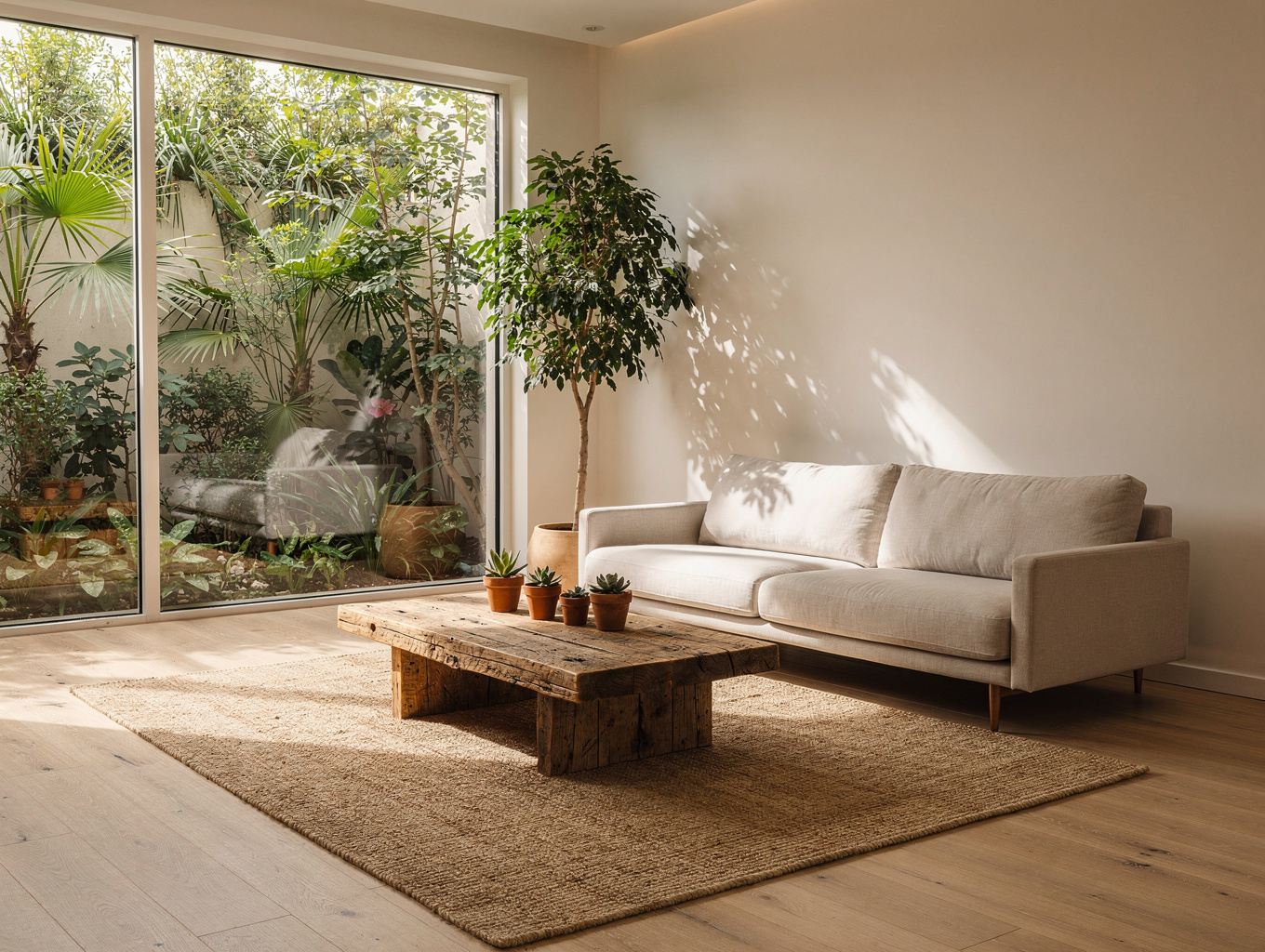 Sunlit warm home interior with natural wood and linen textures