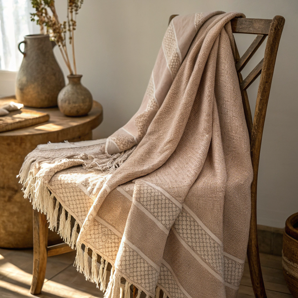 Washed waffle-weave linen throw blanket in soft oat